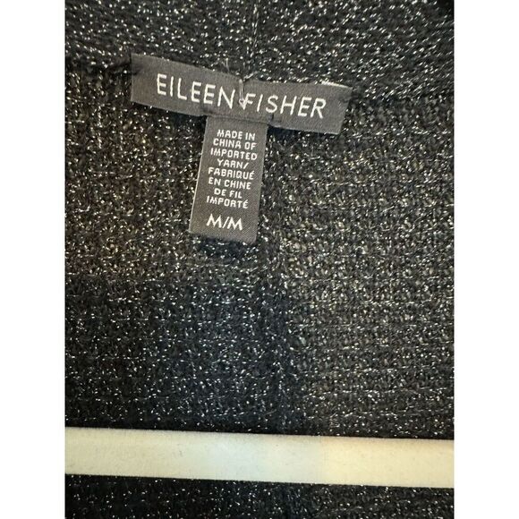 Eileen Fisher Black Merino Wool Open Front Metallic Sparkle Cardigan Sz Medium - Picture 6 of 8